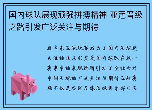 国内球队展现顽强拼搏精神 亚冠晋级之路引发广泛关注与期待