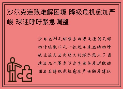 沙尔克连败难解困境 降级危机愈加严峻 球迷呼吁紧急调整