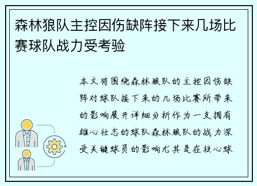 森林狼队主控因伤缺阵接下来几场比赛球队战力受考验