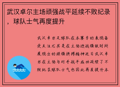 武汉卓尔主场顽强战平延续不败纪录，球队士气再度提升
